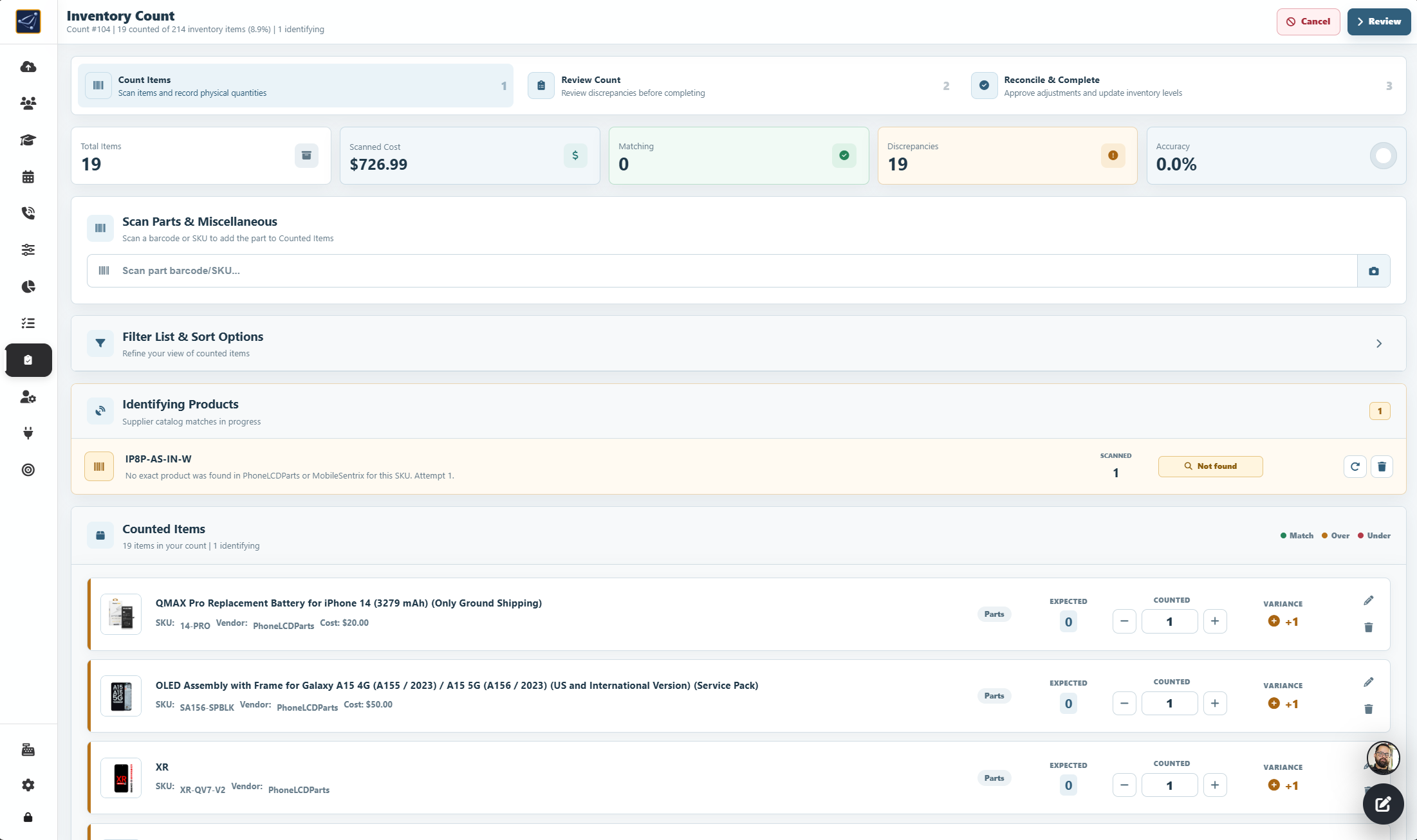 Inventory Count workspace with count stages, summary metrics, scanner, and counted items