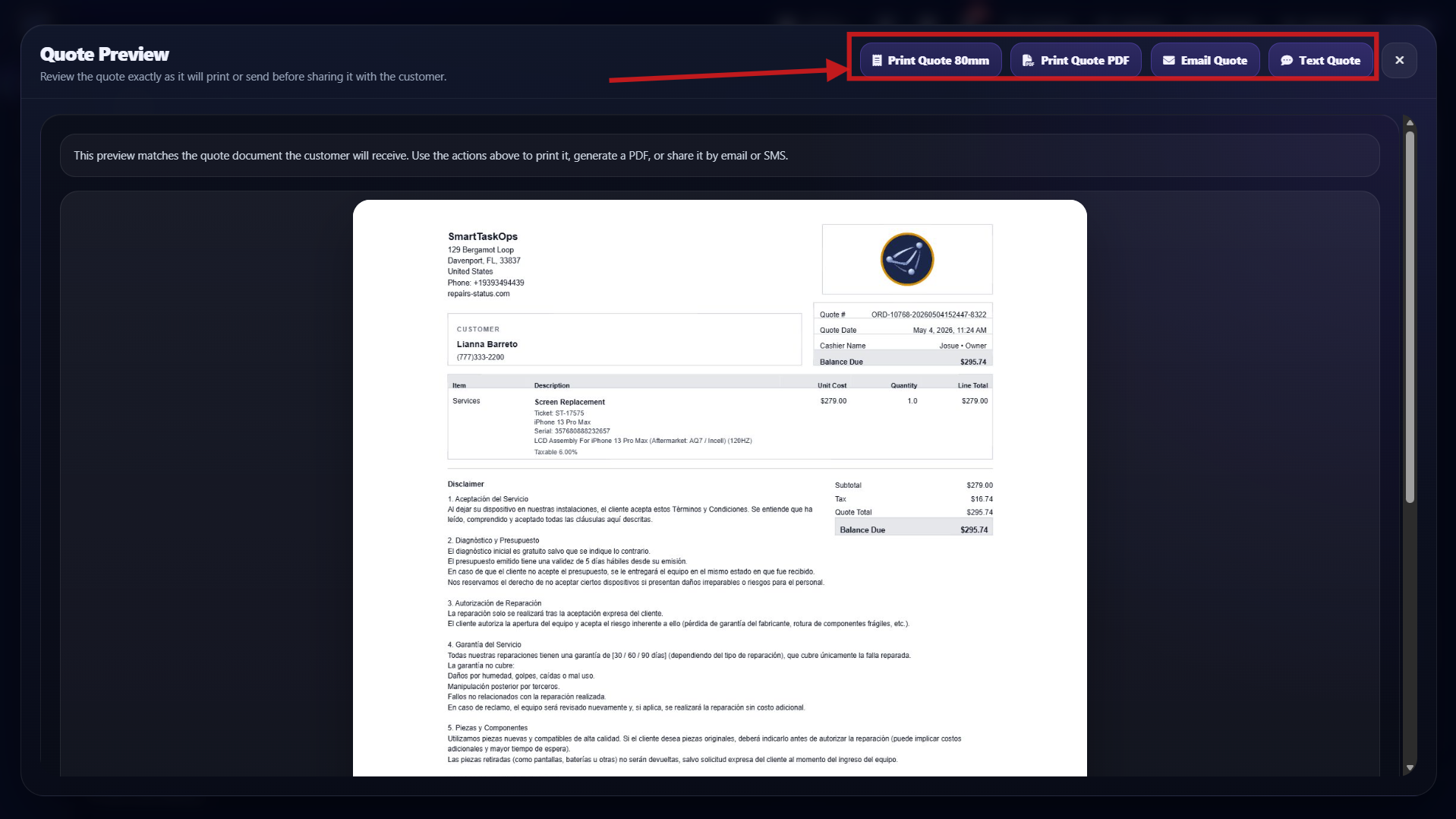 Step 14 - Receipt preview with multiple send methods