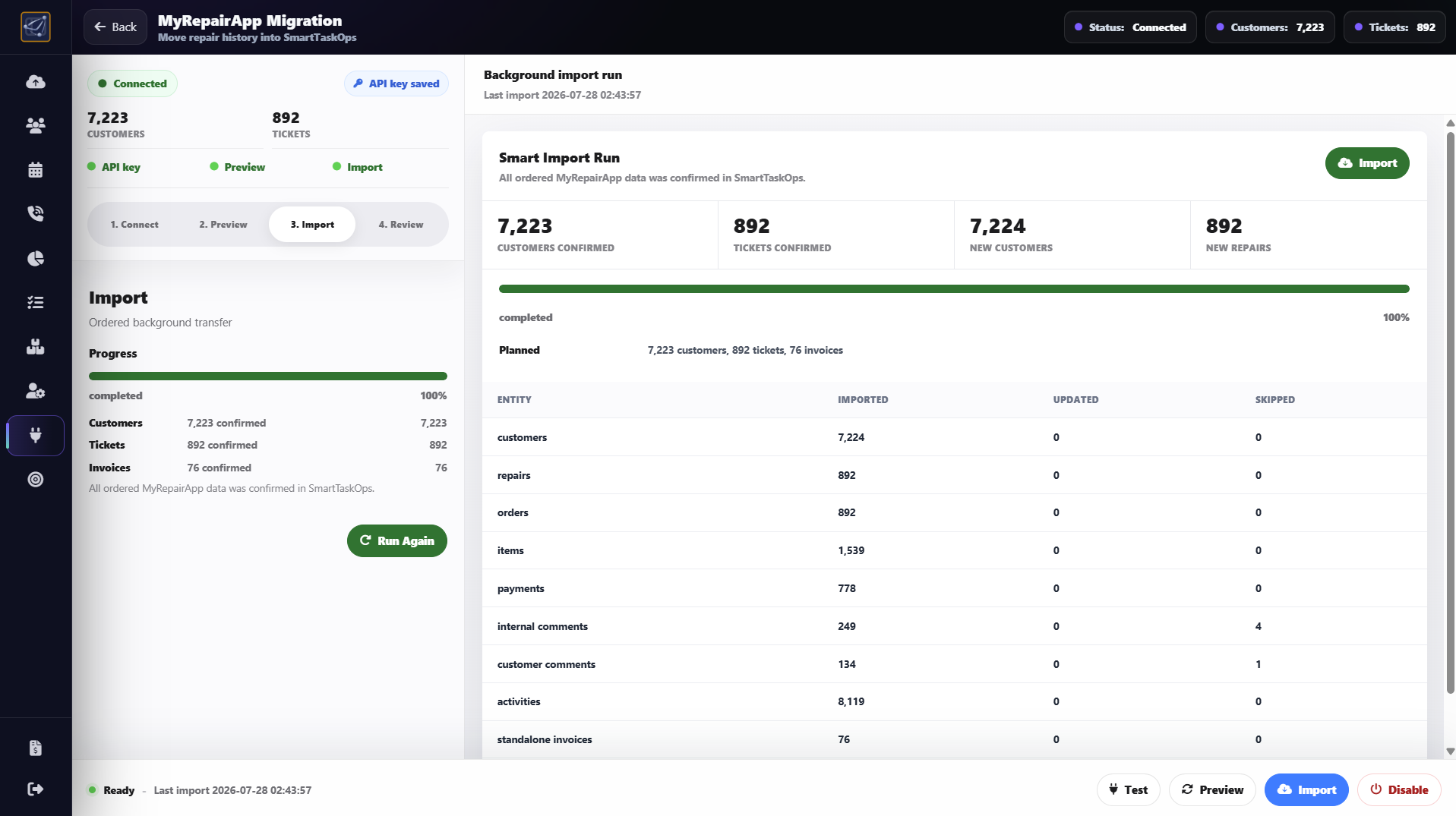 MyRepairApp Migration Import step showing the Import action for starting the transfer