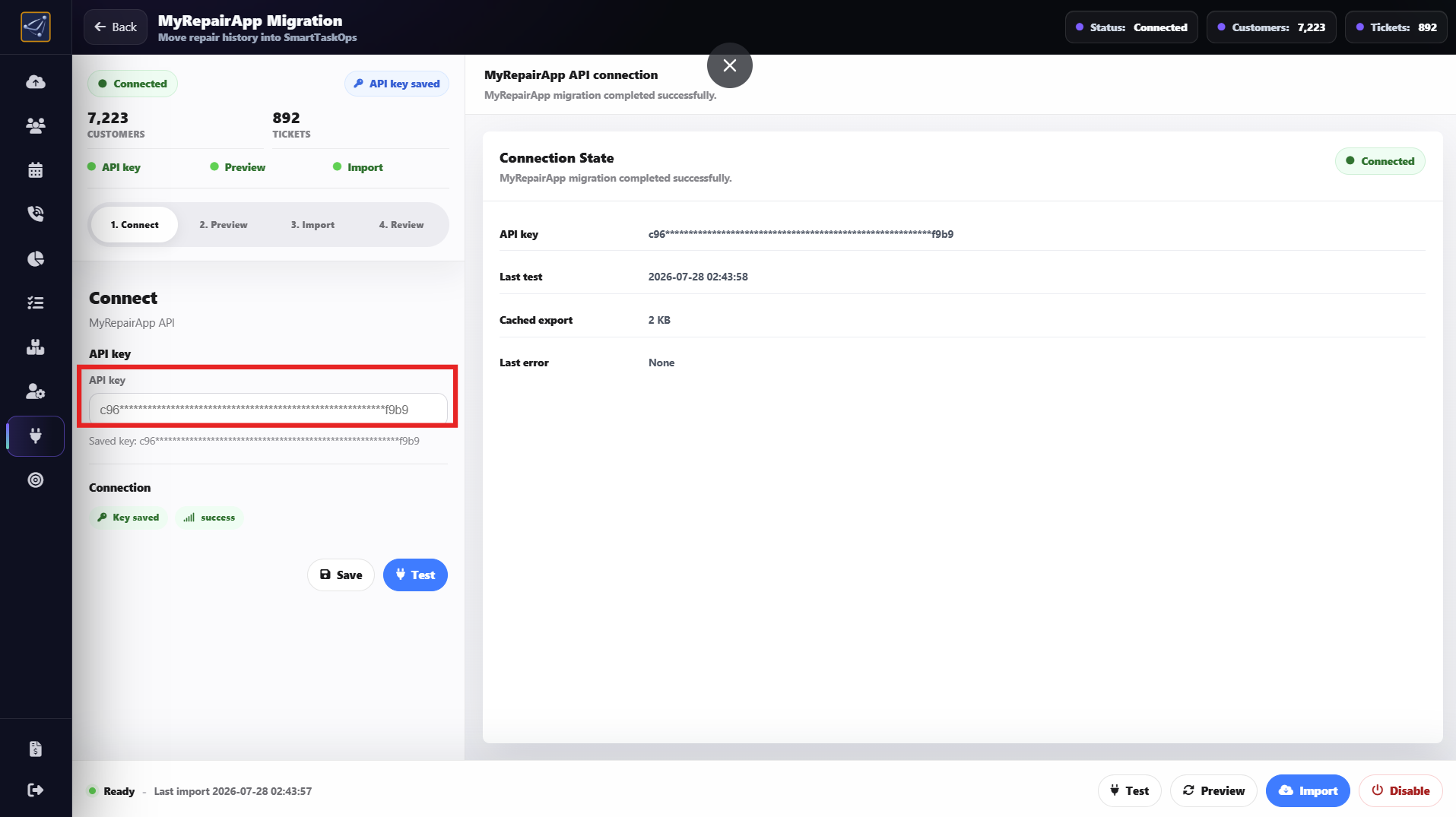 MyRepairApp Migration Connect step showing the API key field and Test button