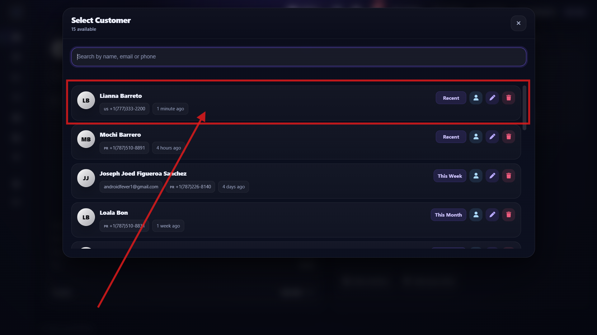 Step 2 - Select the customer by tapping the row or searching by phone number, first name, or last name