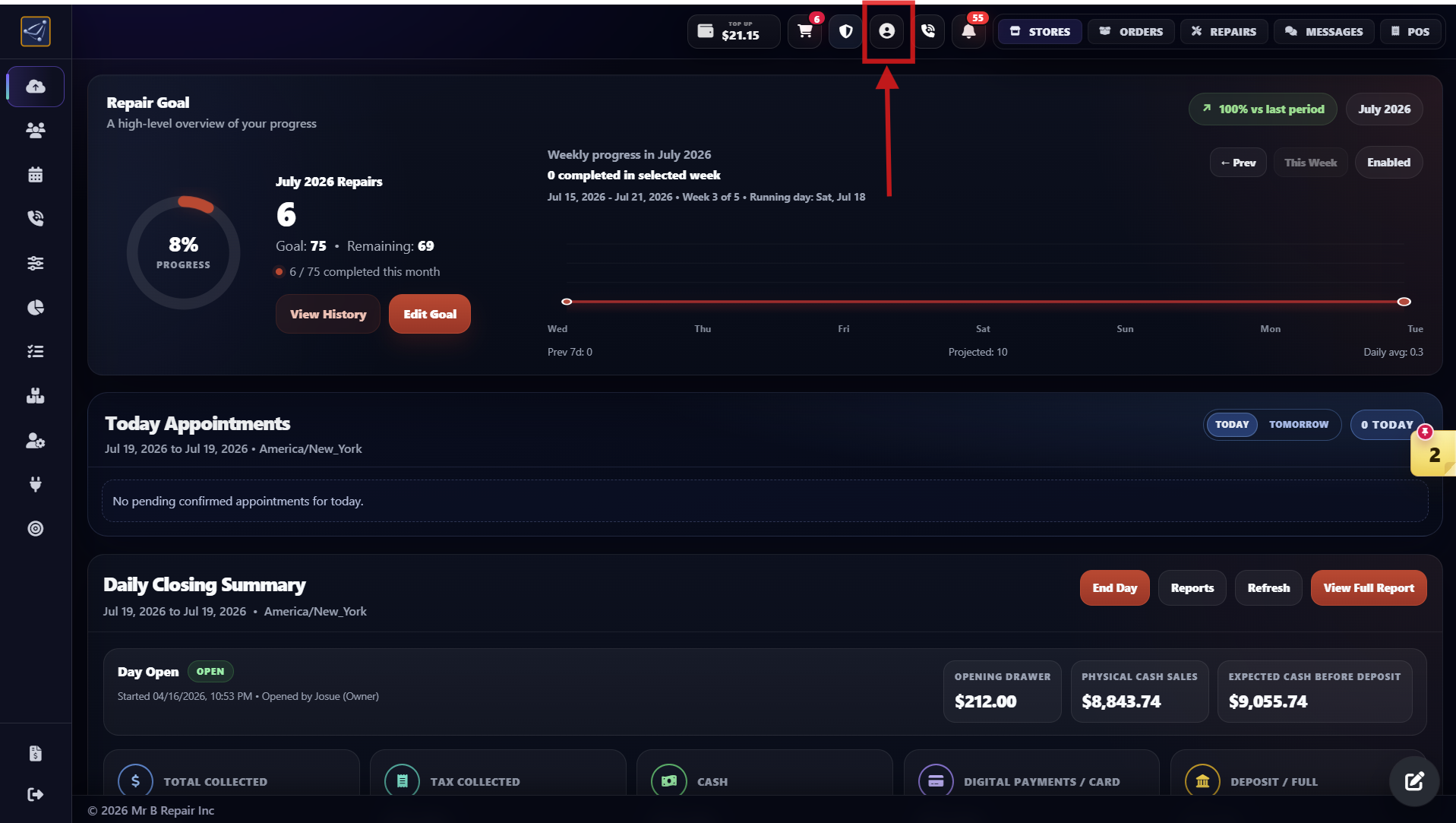 Profile and account settings area used to open Aurion AI Phone Assistant configuration