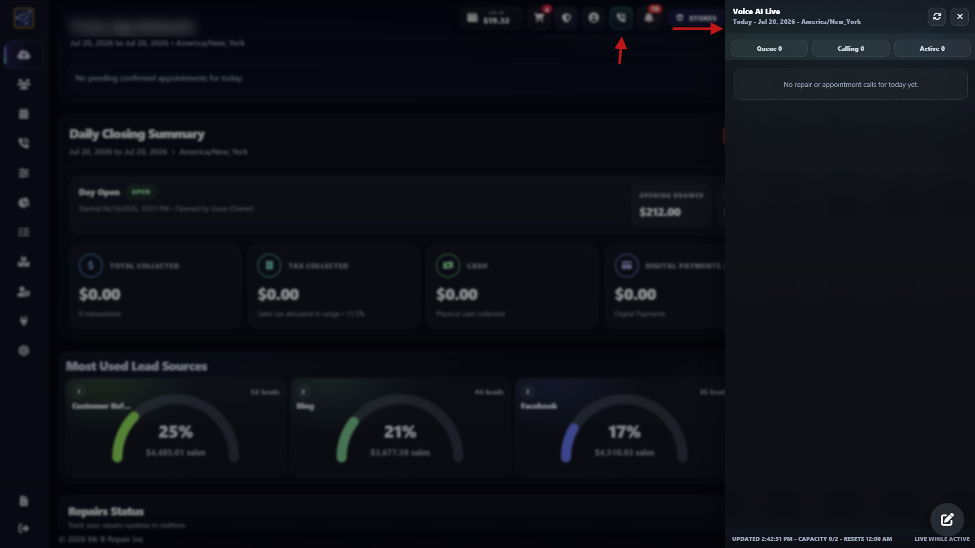 Voice AI Live queue opened from Daily Closing Summary after the morning Start Day action