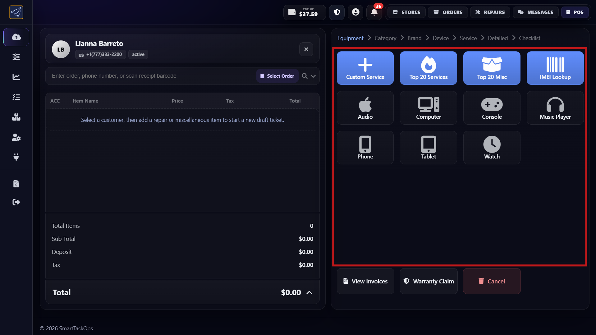 Step 1 - Use the right panel to add services, miscellaneous items, or parts to the repair
