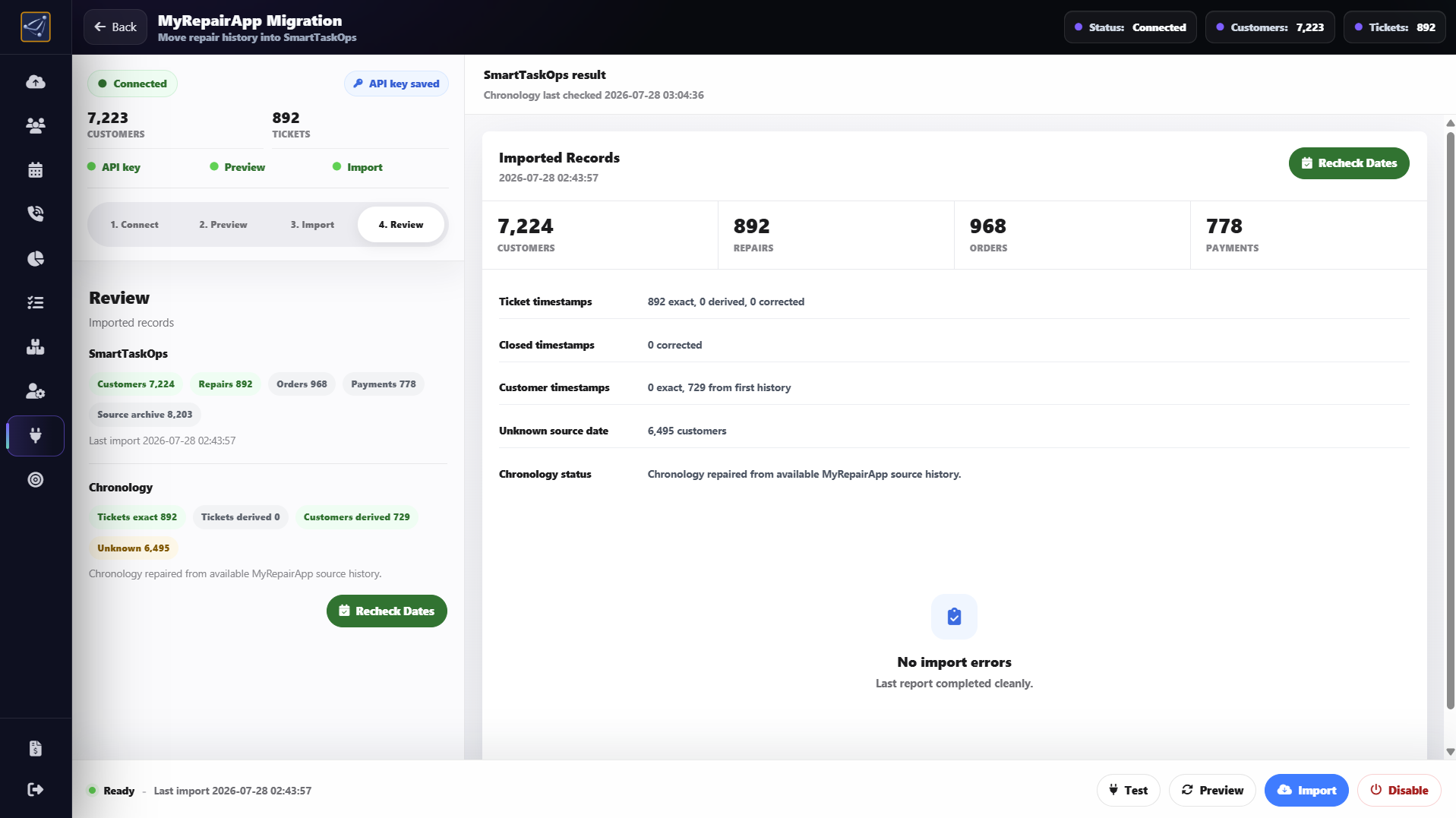 MyRepairApp Migration Review step showing imported records, chronology status, and no import errors