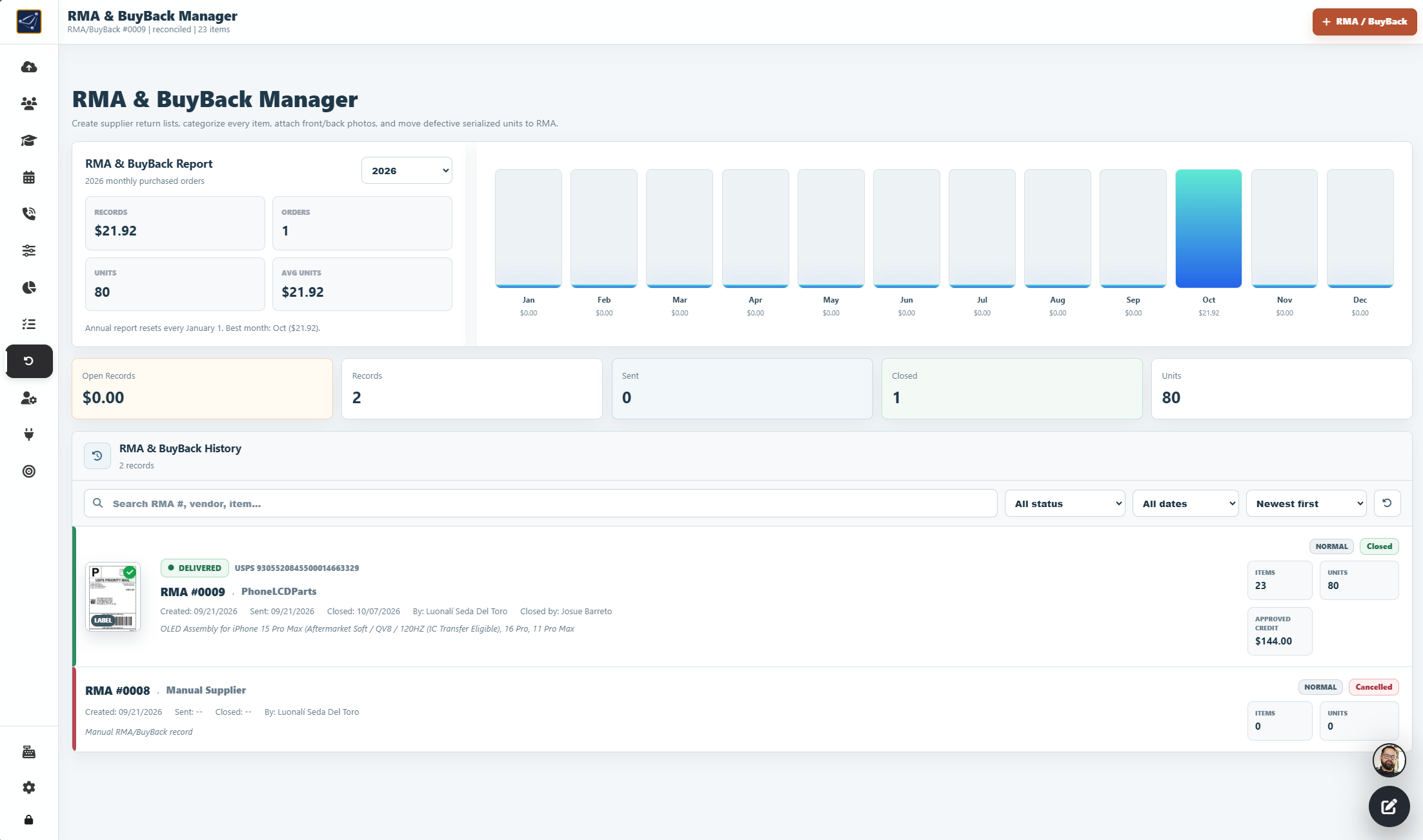 RMA and BuyBack Manager showing workflow stages, return details, summary, and item tools