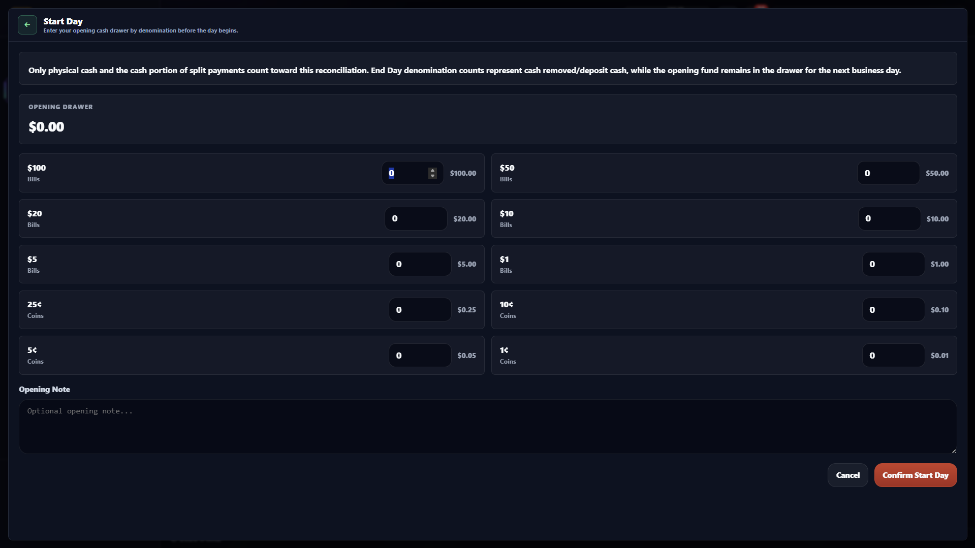 Start Day screen with cash denominations, Opening Drawer total, and Confirm Start Day button