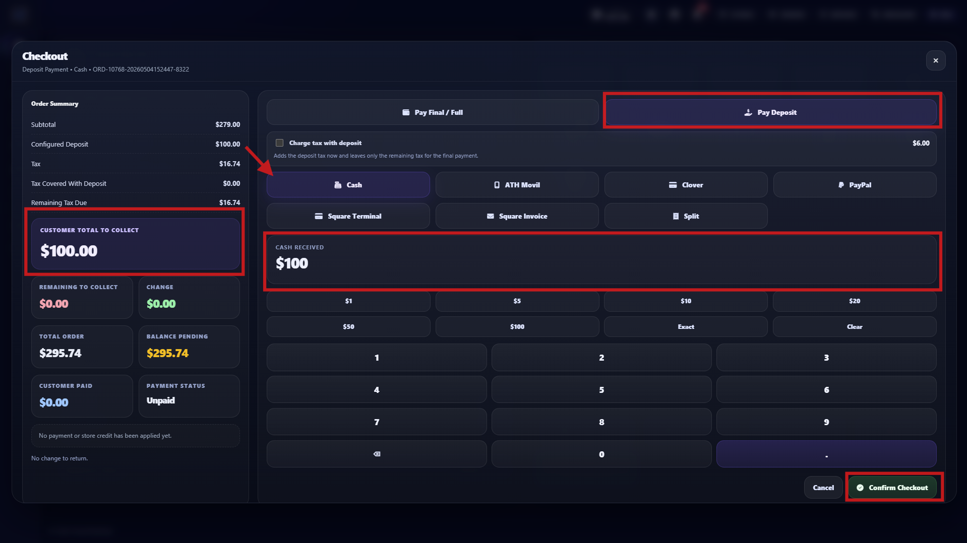 Step 16 - Checkout modal with collect deposit option