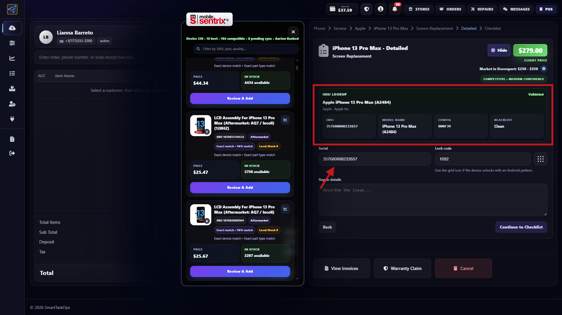 Step 7 - IMEI and blacklist verification panel