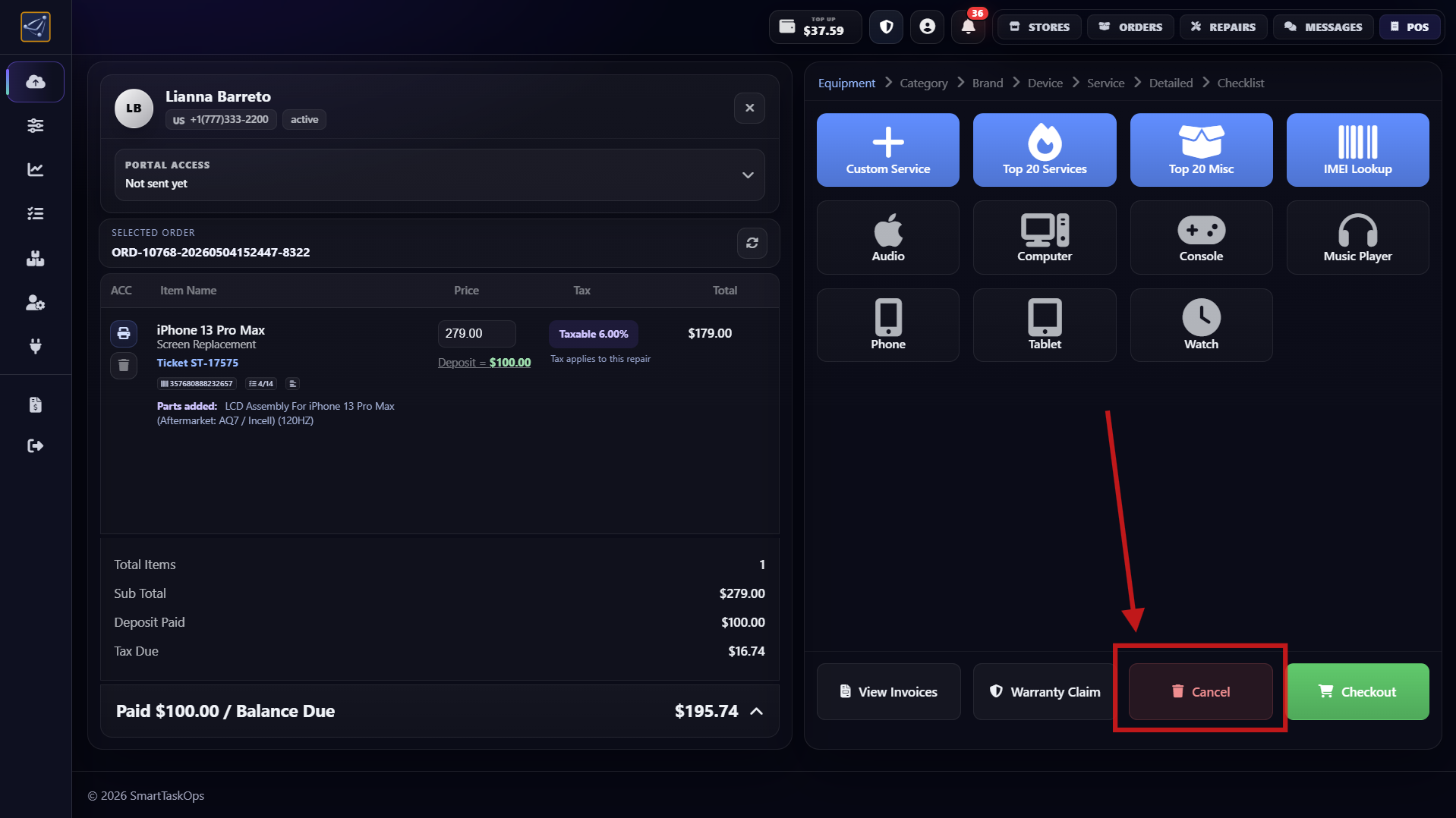 Step 18 - Cancel button to clear POS panel for next order