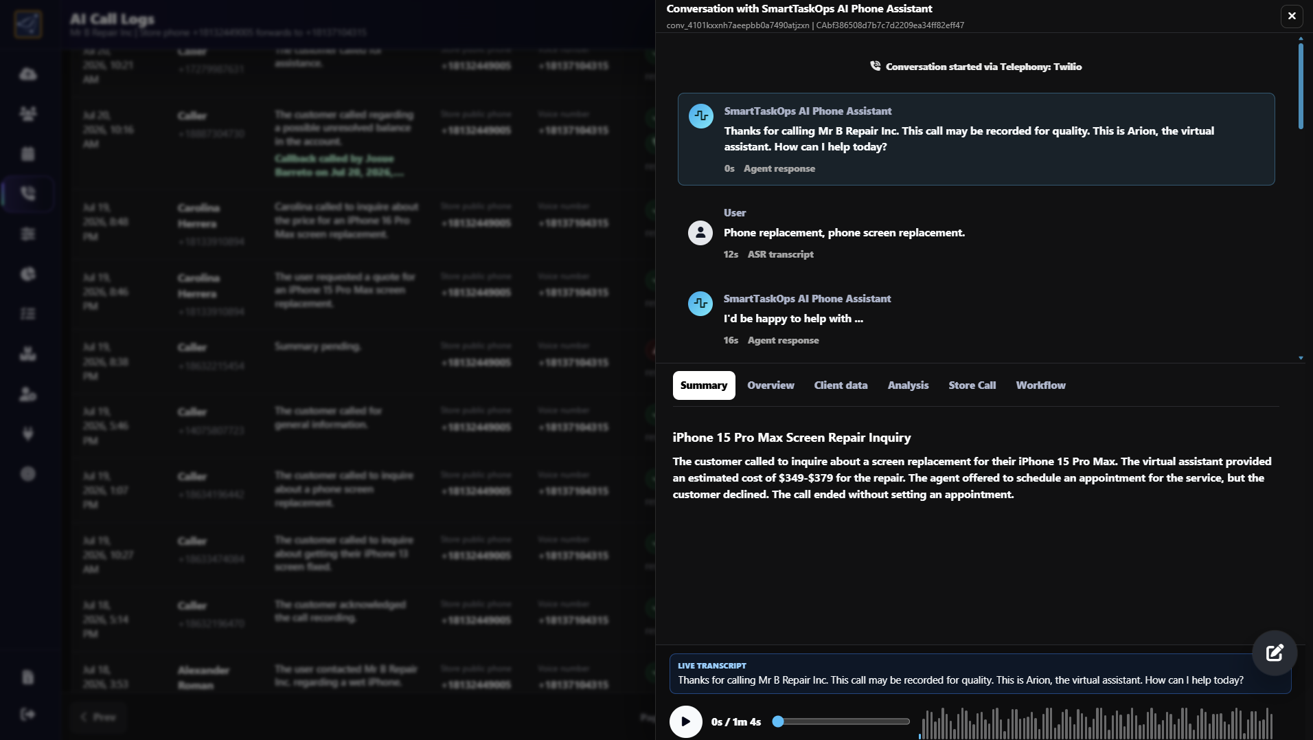 AI Call Logs conversation panel with transcript, AI summary, and recording player