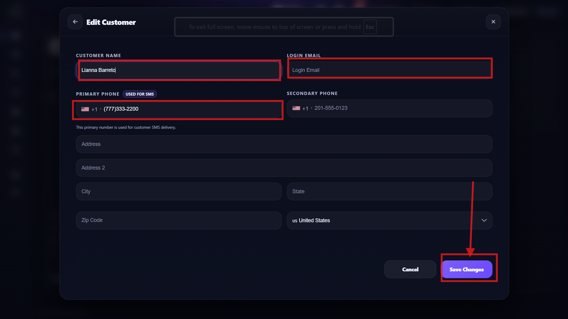 Step 3 - Edit customer panel and successful update message