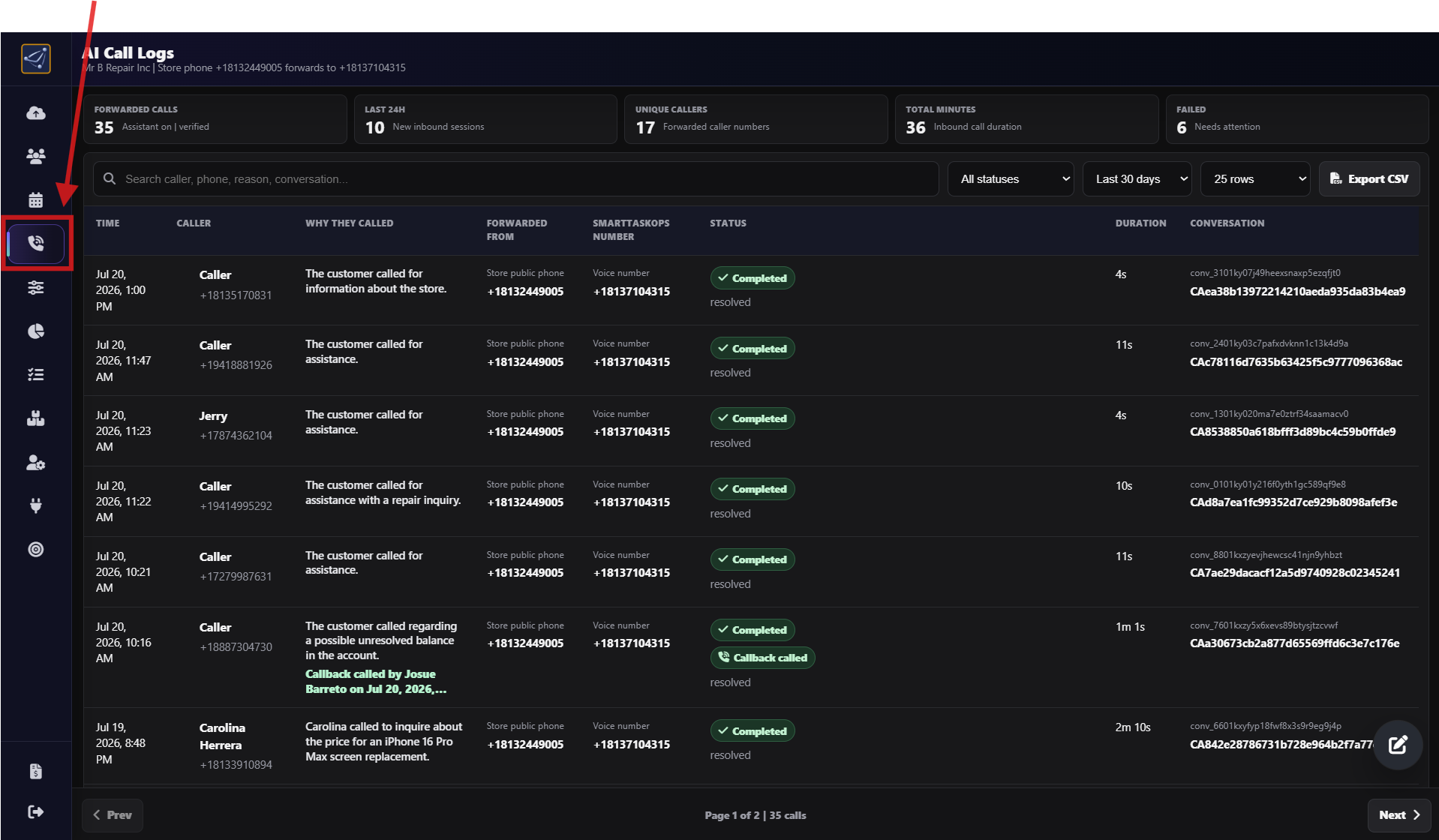 AI Call Logs list showing caller, reason, status, duration, and callback information