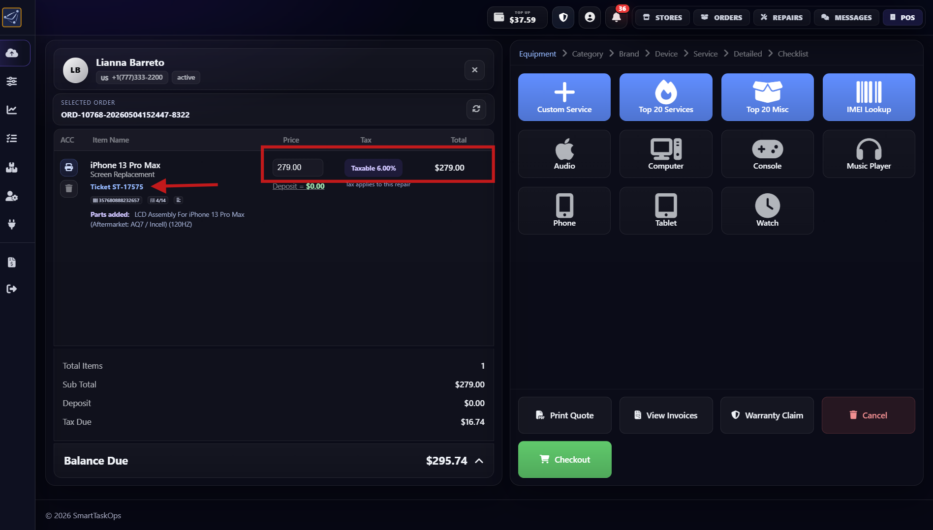 Step 11 - Created order with generated ticket number