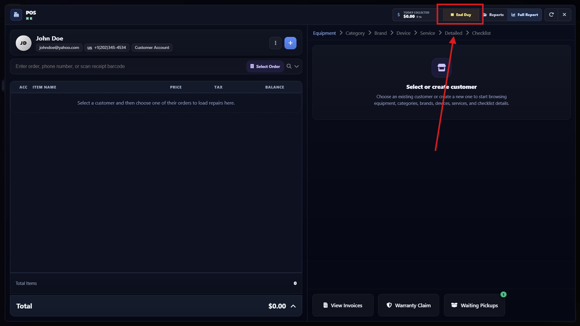 POS workspace with the End Day button highlighted in the top bar