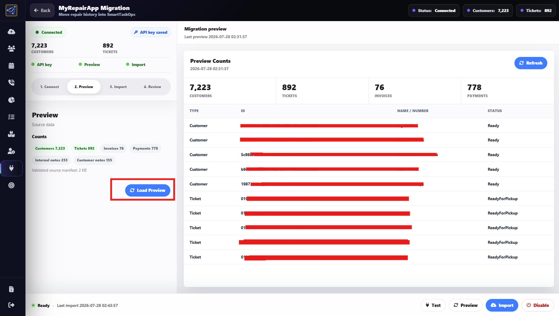 MyRepairApp Migration Preview step showing loaded source information and preview counts