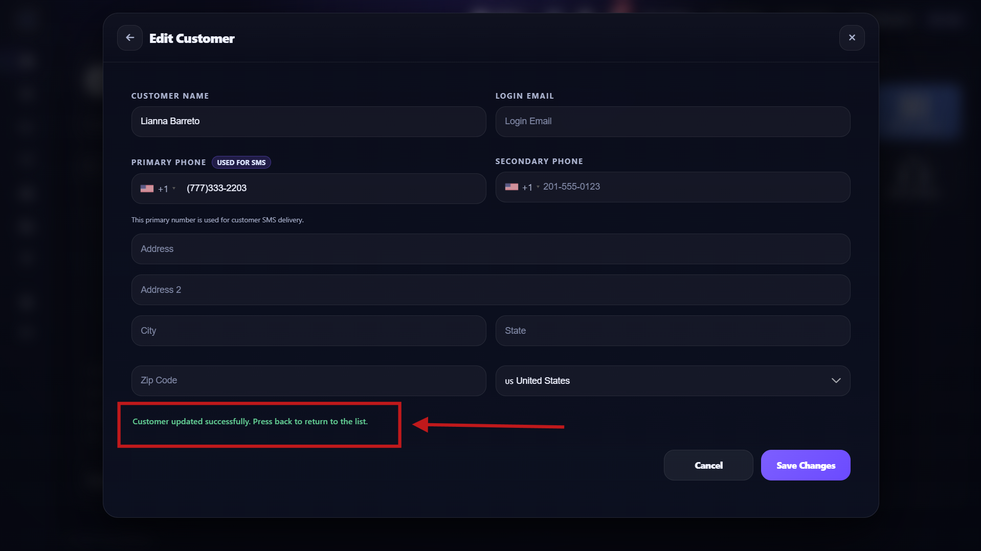 Step 4 - Edited customer with update confirmation message