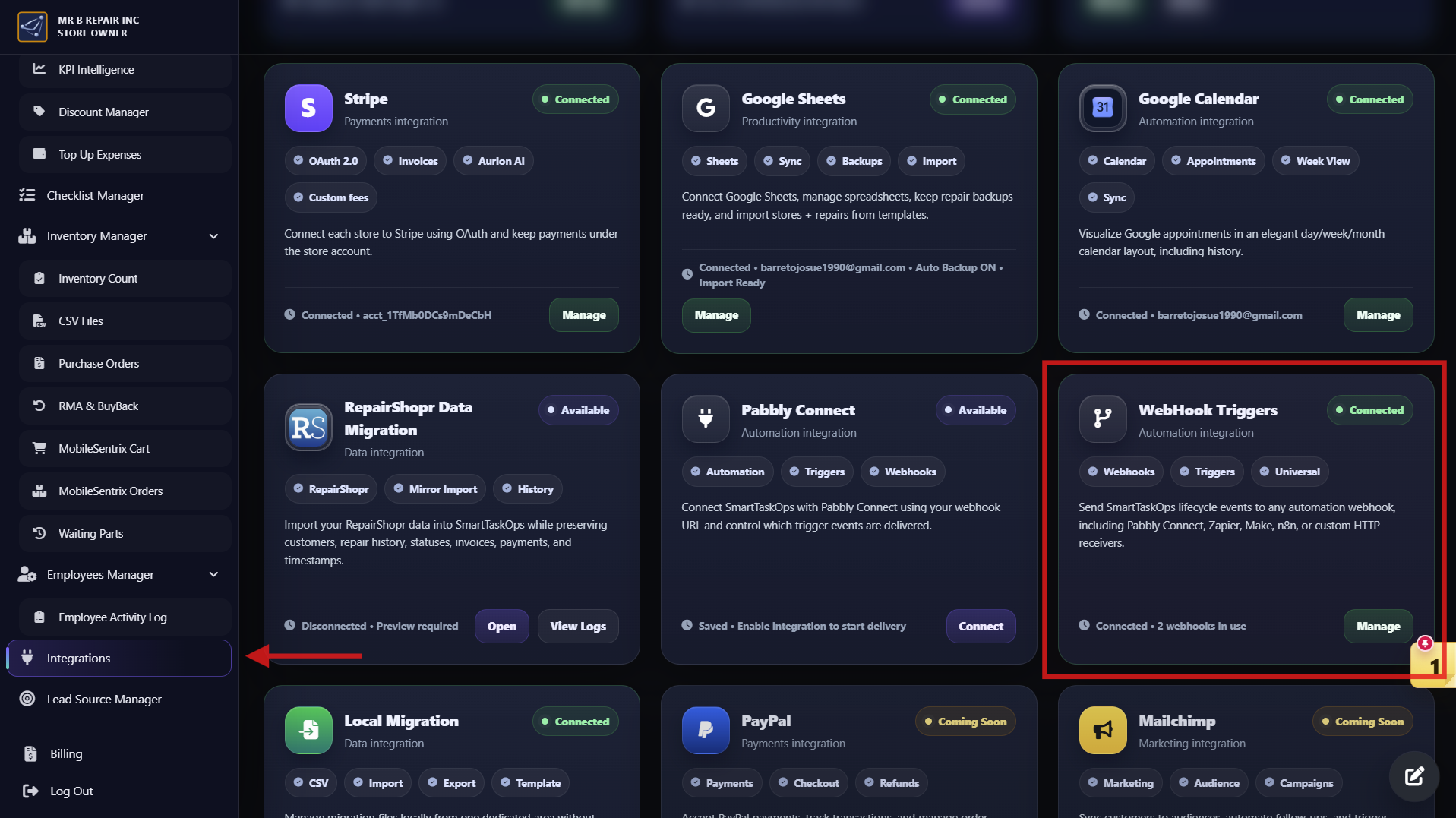 Integrations page highlighting the Webhook Triggers card and Manage button