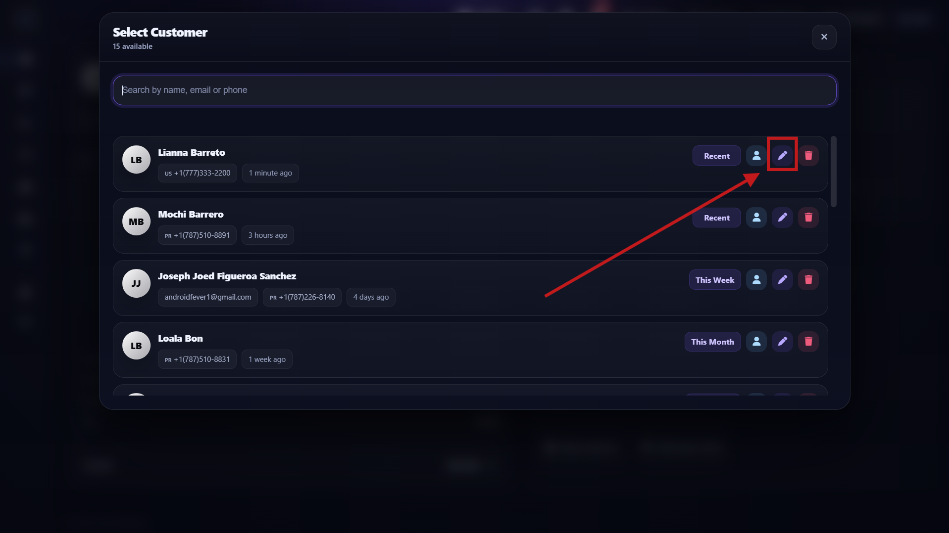 Step 2 - Press the pencil icon to open the edit customer panel