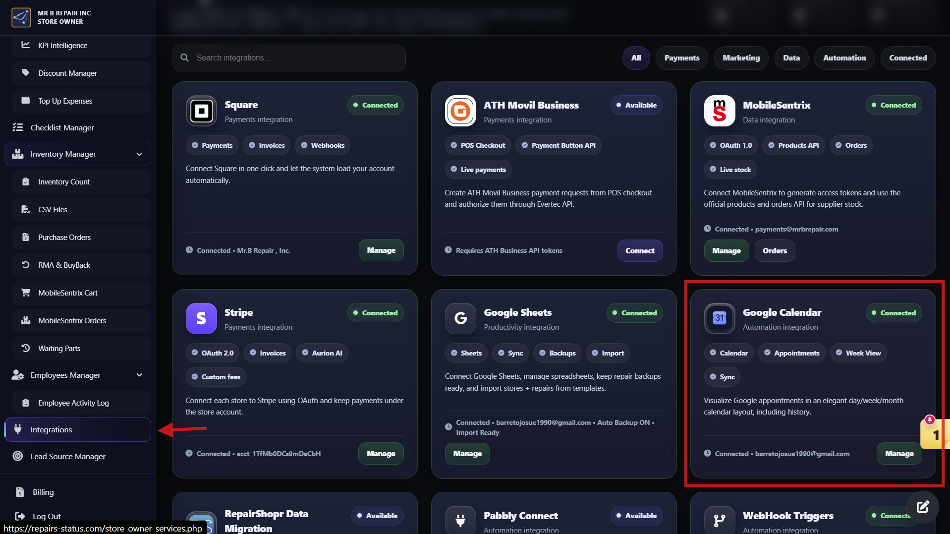 Integrations page highlighting the connected Google Calendar card and Manage button