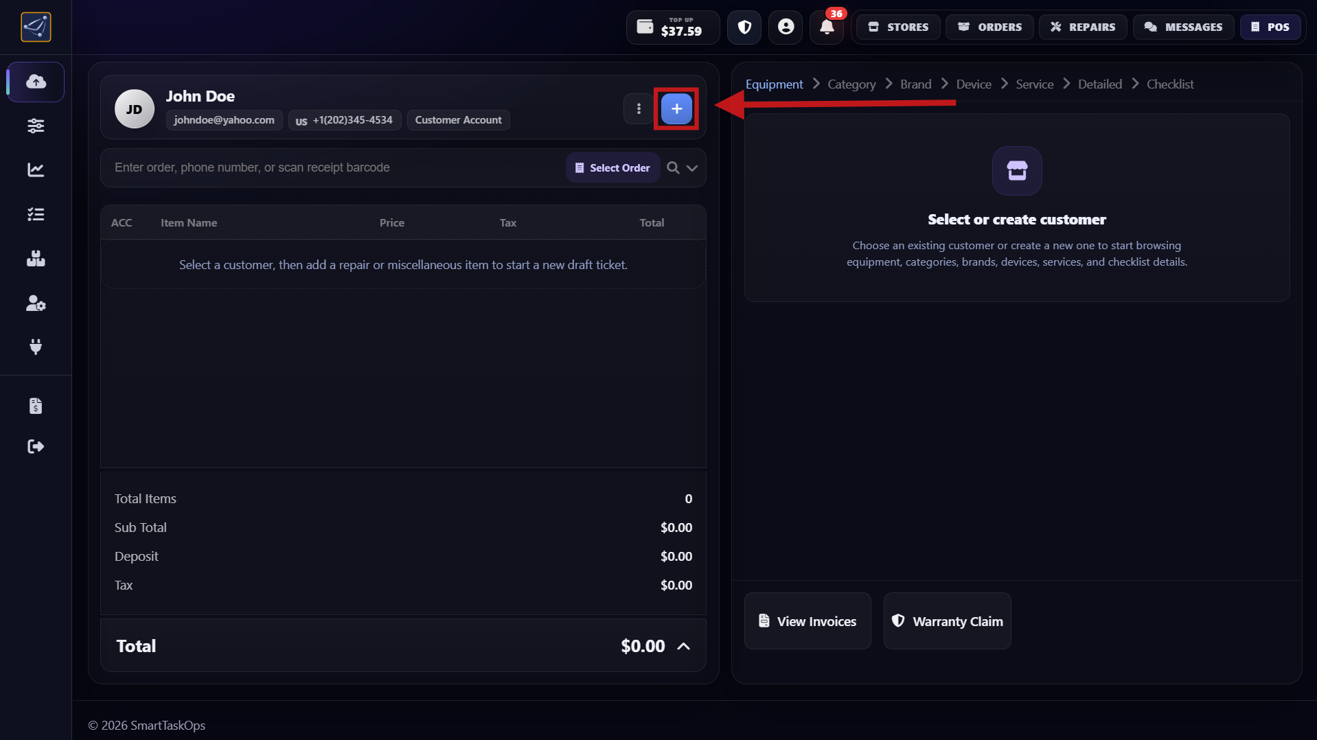 Step 2 - Click the blue plus icon in POS to open the customer modal