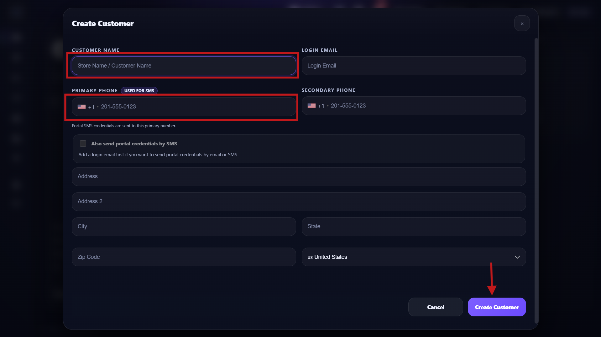 Step 3 - Add customer modal with name and phone fields