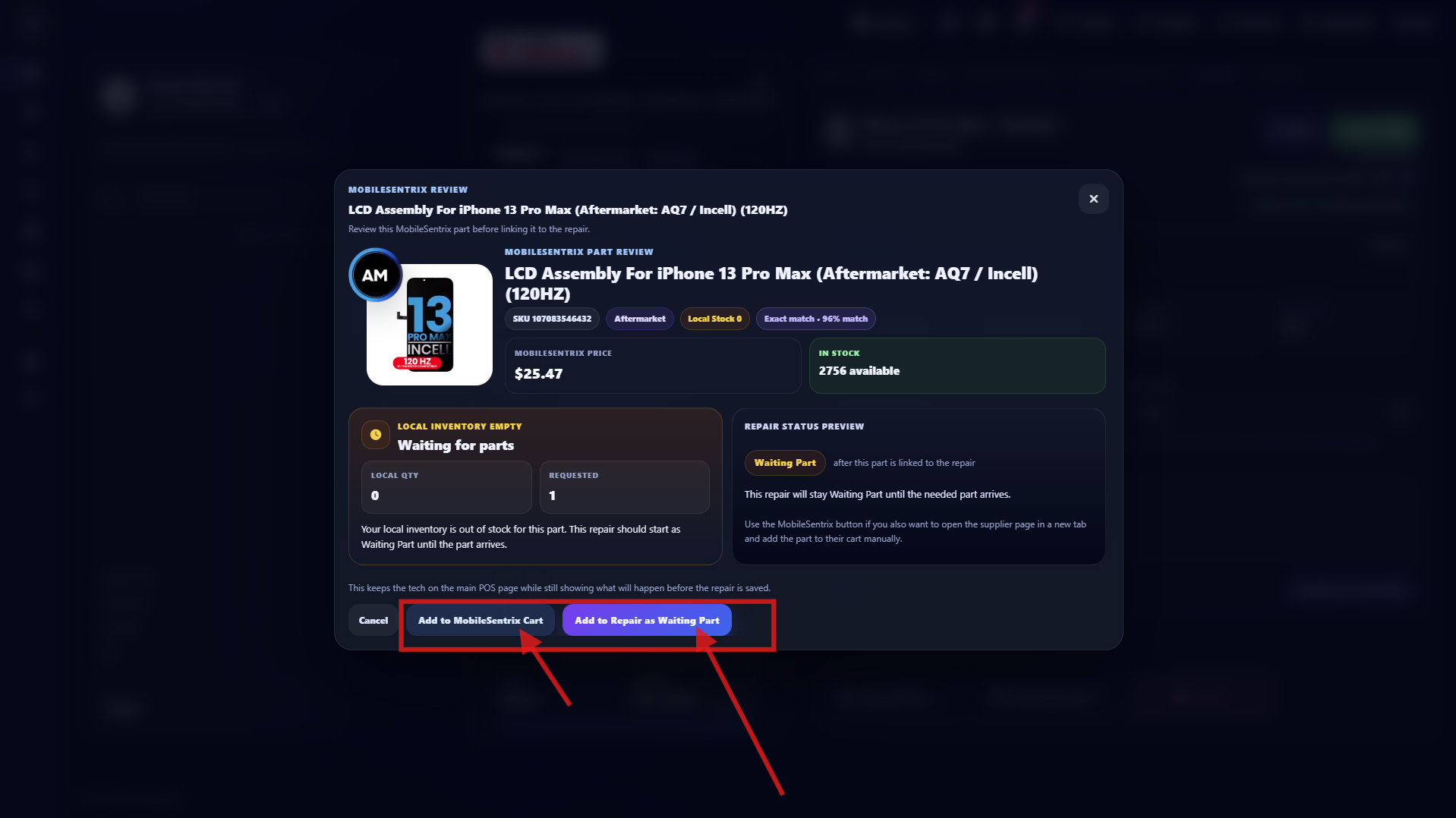 Step 7 - Search part directly from MobileSentrix inventory