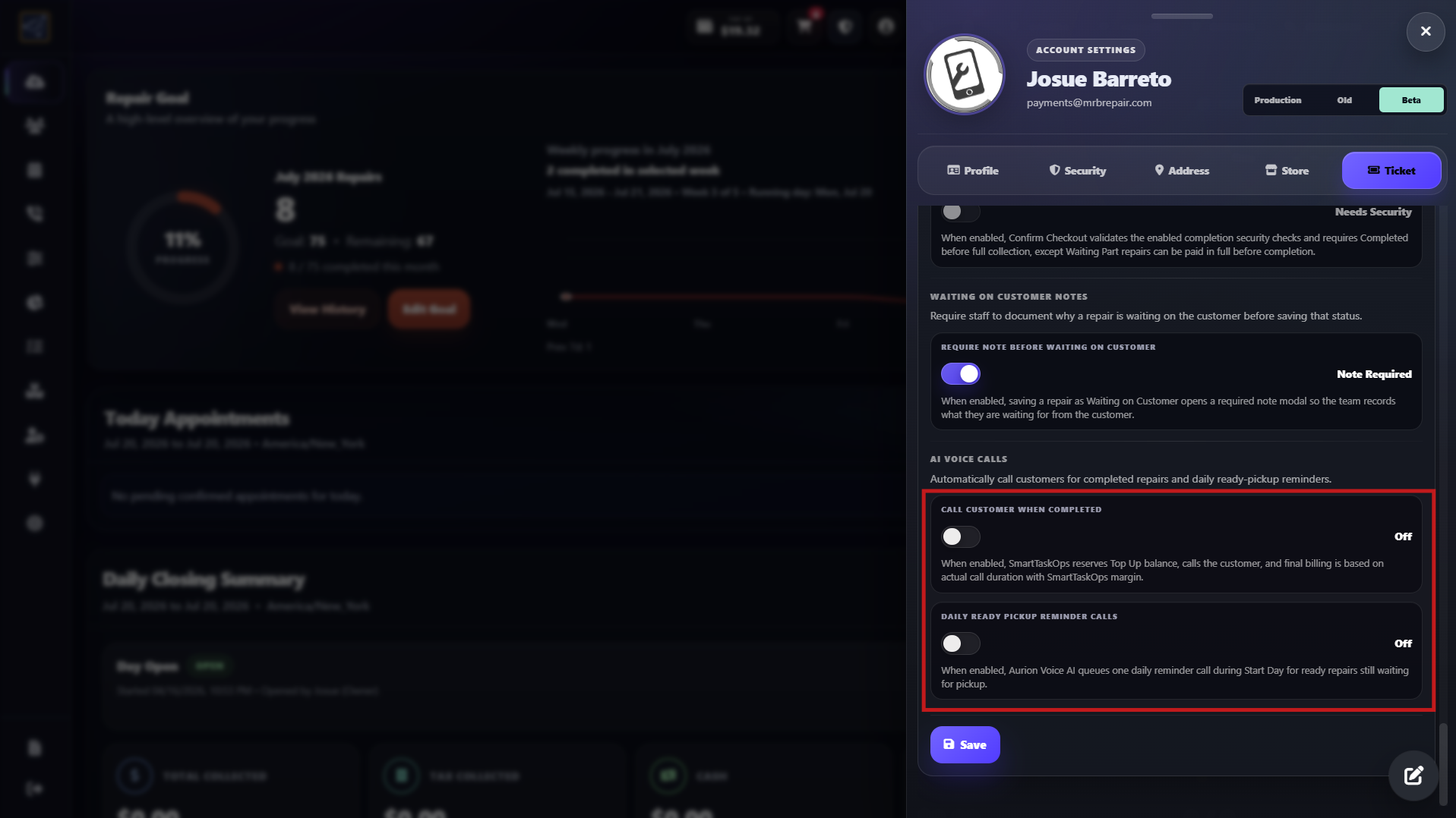 Call Customer When Completed and Daily Ready Pickup Reminder Calls toggles in Ticket settings