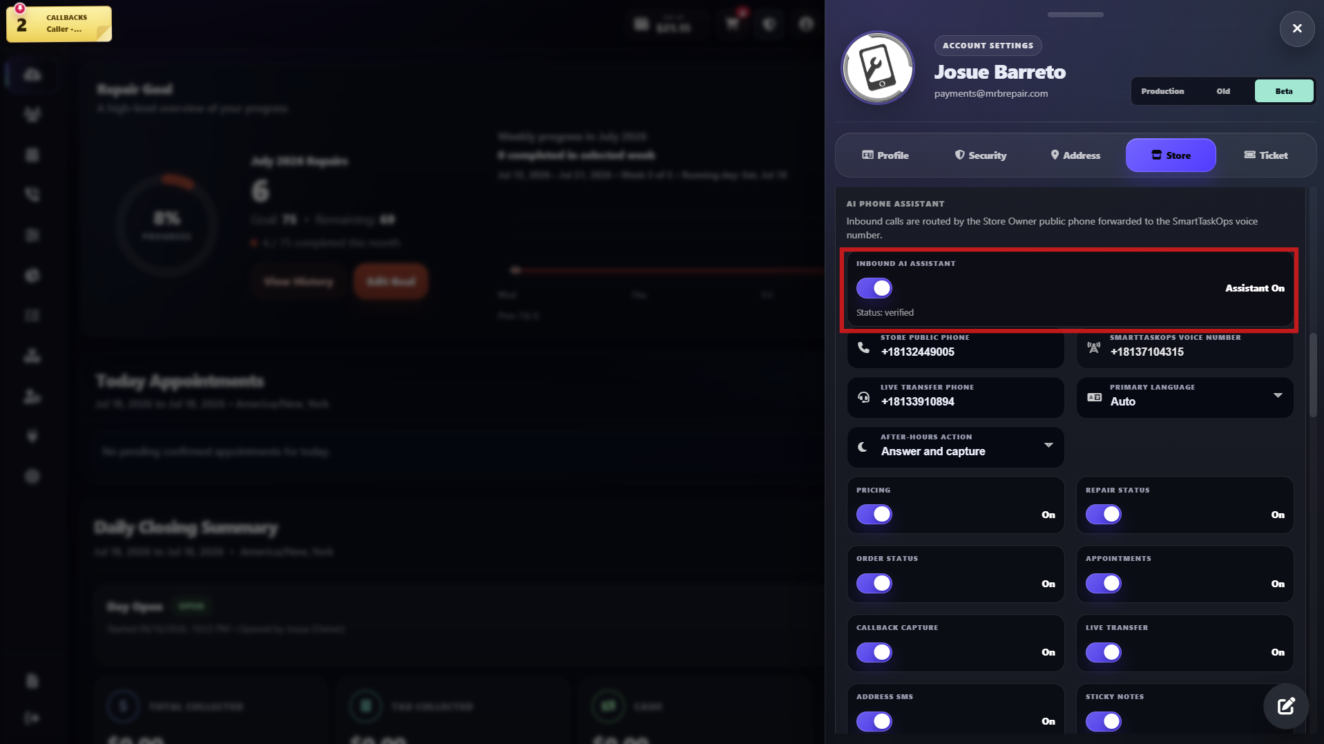 Aurion Inbound AI Assistant toggle shown on and verified in Store settings