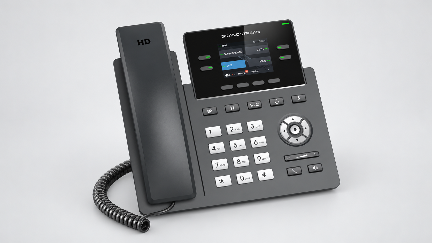Grandstream desk phone with a handset, display and call keys.