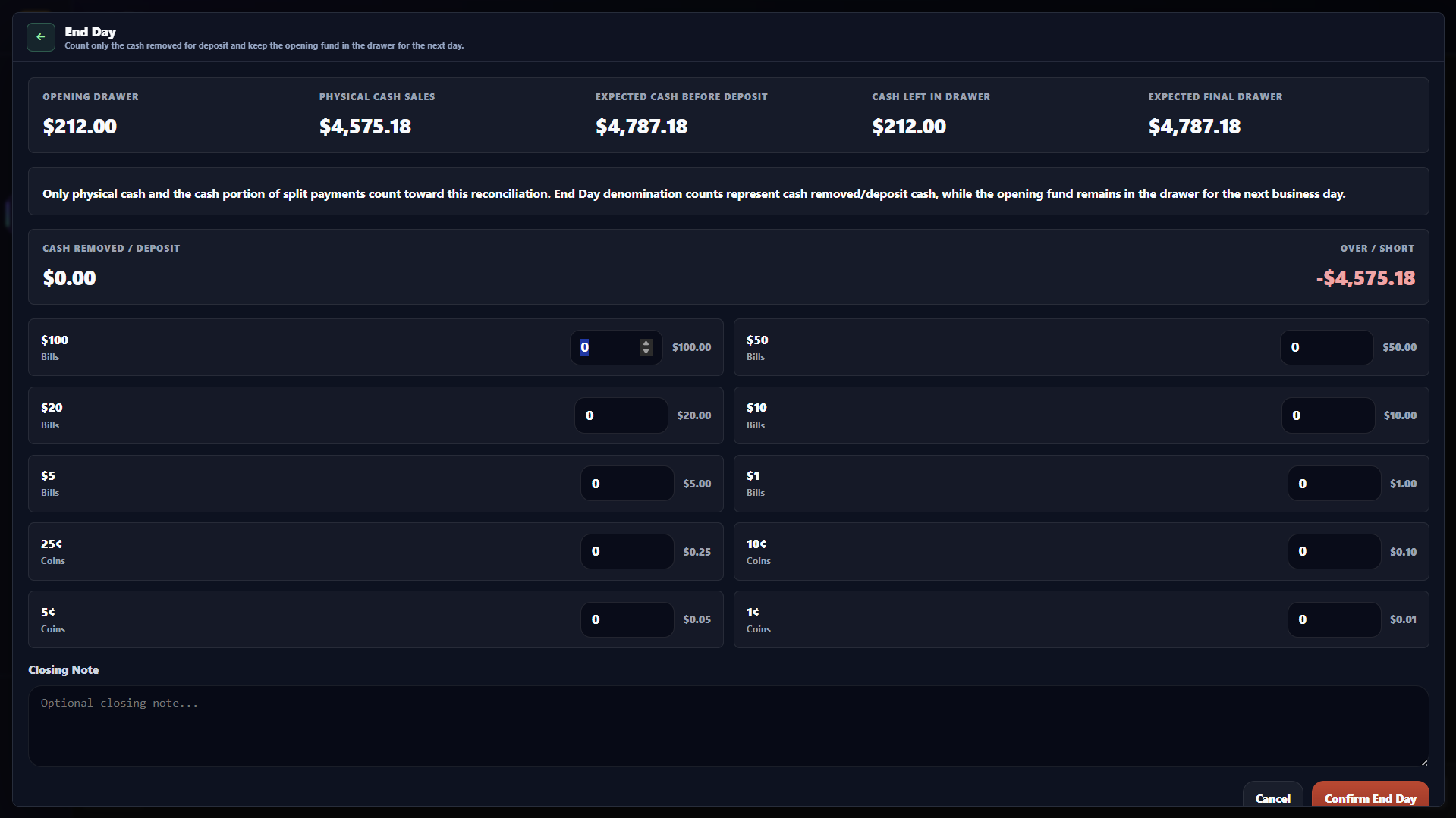End Day screen showing expected cash, cash removed for deposit, closing note, and Confirm End Day button