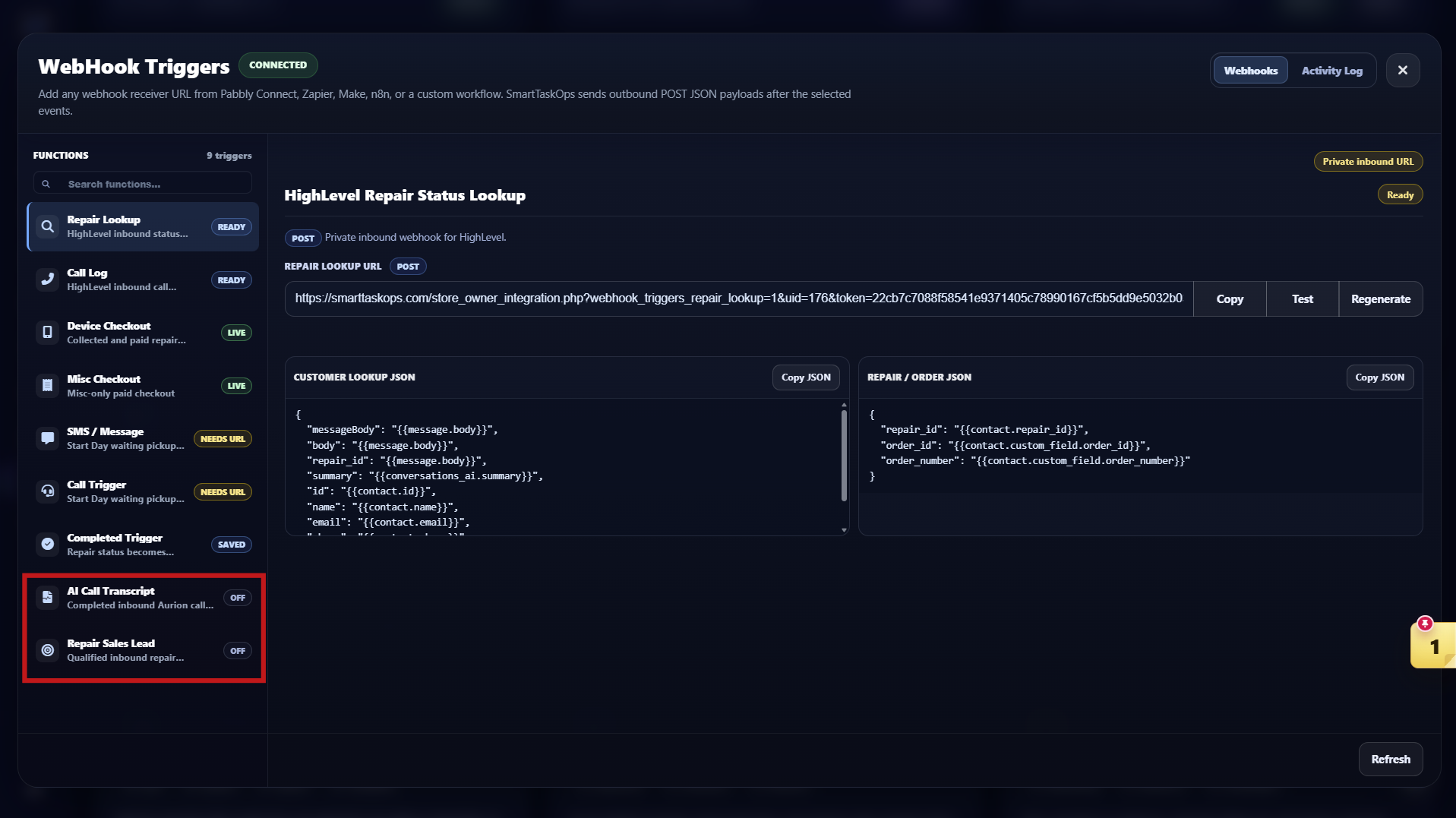 Webhook Triggers screen highlighting AI Call Transcript and Repair Sales Lead
